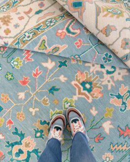 Hand Knotted Turkish Oushak Carpets, Vintage Turkish Colorful Floral Rug OR182